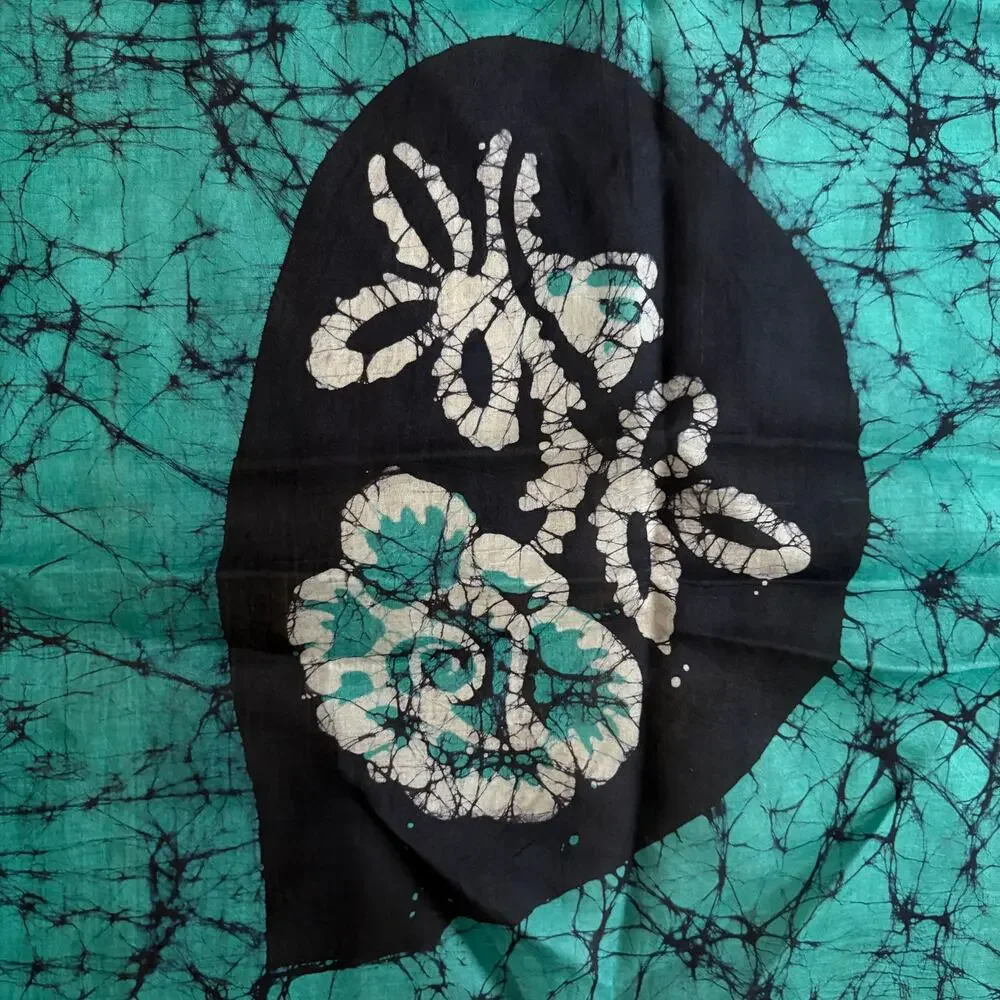 100% Silk Abstract Shibori Tie Dye Scarf Teal Blue Boho Eclectic Native Square